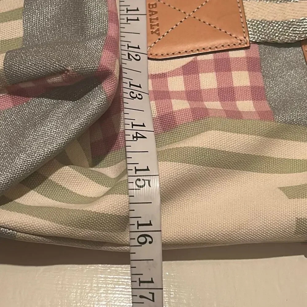 Bally Canvas Tote Bag Pastel Patchwork Plaid Handbag Preppy Coastal Stripe